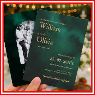 Invitation Mariage élégant moderne vert émeraude et or PHOTO
