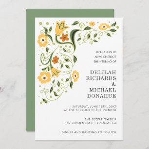 Invitation Mariage élégant moderne vert jaune floral
