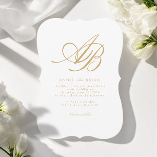 Invitation Mariage Élégant Monogramme Blanc Beige Or