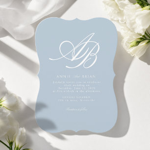 Invitation Mariage Élégant Monogramme Bleu Blanc