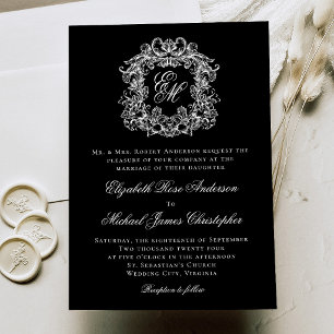 Invitation Mariage Élégant Monogramme Crête Noir Blanc