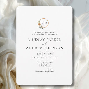 Invitation Mariage Élégant Monogramme Cuivre Botanique Terreu