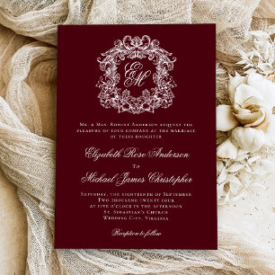 Invitation Mariage Élégant Monogramme de Crête de Bourgogne V