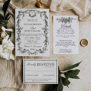 Invitation Mariage Élégant Monogramme de Jardin Noir et Blanc