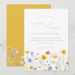 Invitation Mariage Élégant Monogramme Fleur Sauvage Moutarde
