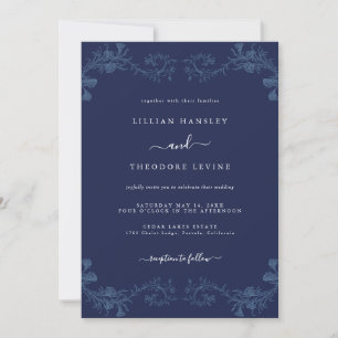 Invitation Mariage Élégant Navy Fleur Feuille Vintage