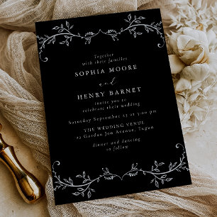 Invitation Mariage élégant noir à la ligne botanique blanche