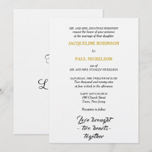 Invitation Mariage Élégant Noir Blanc Or Deux Cœurs