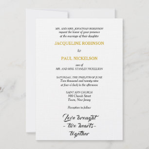 Invitation Mariage élégant Noir Blanc Or Deux Coeurs