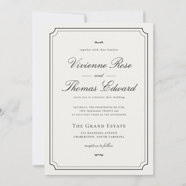 Invitation Mariage Élégant Noir & Blanc Script Classique (Devant)