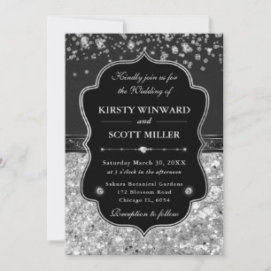 Invitation Mariage Élégant Noir et Argent avec Diamants