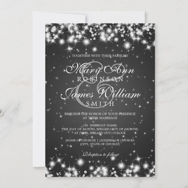 Invitation Mariage élégant Noir étincelant d'hiver (Devant)