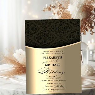 Invitation Mariage élégant noir luxe damassé or