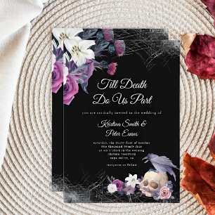 Invitation Mariage élégant noir violet gothique floral crâne