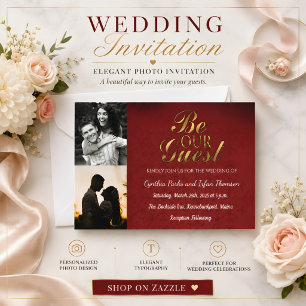 Invitation Mariage élégant or noir et rouge personnalisé avec