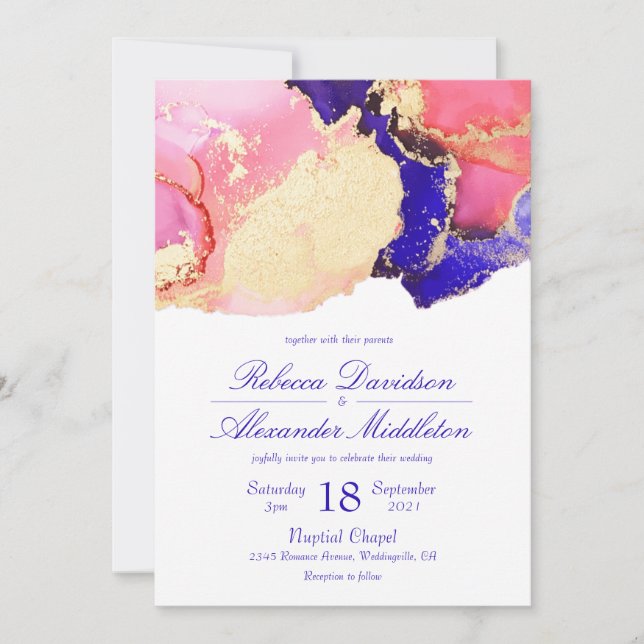 Invitation Mariage élégant or rose et violet à l'encre lavée (Devant)