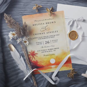 Invitation Mariage Élégant Orange Coucher de Soleil Tropical