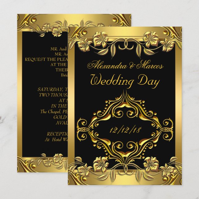 Invitation Mariage élégant Ornate Floral Black Gold (Devant / Derrière)