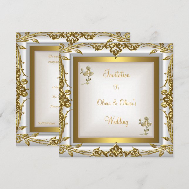 Invitation Mariage élégant Ornate Floral Blanc Or (Devant / Derrière)