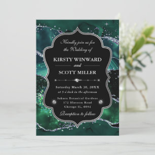 Invitation Mariage élégant pailleté agate vert et argent