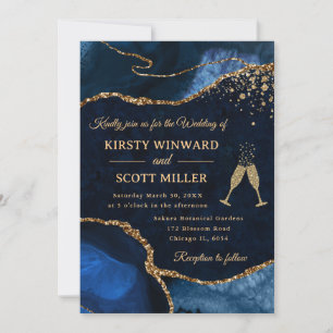 Invitation Mariage élégant pailleté de bleu et d'or Agate