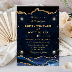 Invitation Mariage élégant pailleté de bleu et d'or Agate