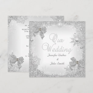 Invitation Mariage Élégant Paillettes Argent Blanc Ruban