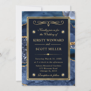 Invitation Mariage Élégant Paillettes Bleu et Or Agate Océan