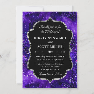 Invitation Mariage Élégant Paillettes Violet Scintillant