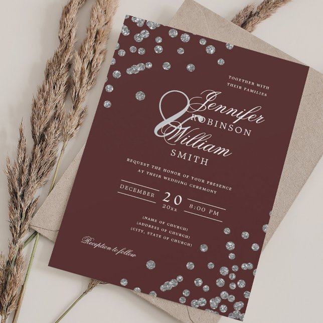 Invitation Mariage élégant Parties scintillant d'argent Confe (Elegant Wedding Silver Glitter Confetti Burgundy Invitation)