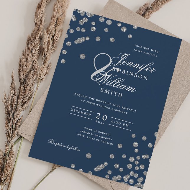 Invitation Mariage élégant Parties scintillant d'argent Confe (Elegant Wedding Silver Glitter Confetti Navy Blue Invitation)