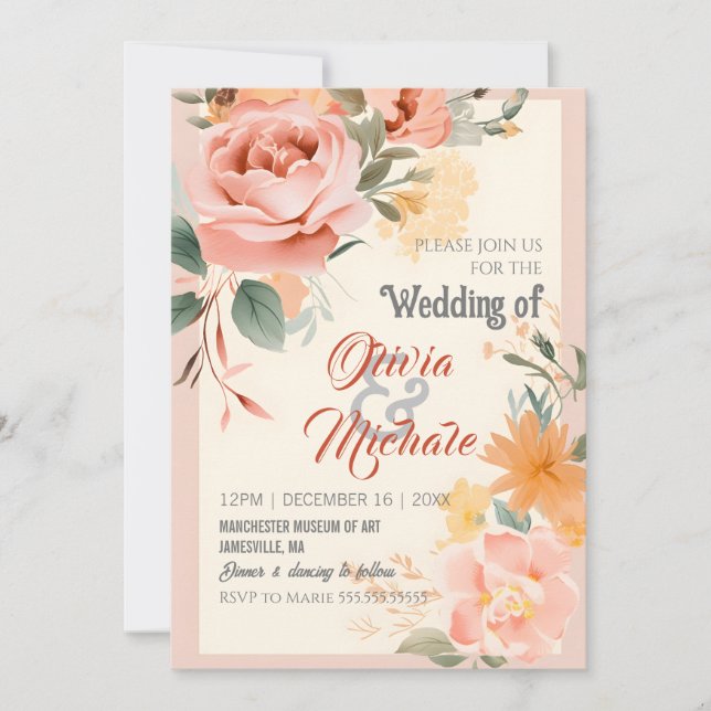 Invitation Mariage élégant Pastel Rose Orange Cadre Floral (Devant)