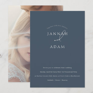 Invitation Mariage Élégant Photo Script Minimal Bleu Royal