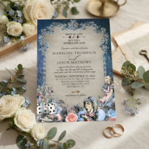 Invitation Mariage élégant poussiéreux bleu Alice au pays des