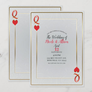 Invitation Mariage Élégant Reine de Coeur Or Blanc et Rouge
