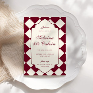 Invitation Mariage Élégant Rétro à Carreaux Bourgogne
