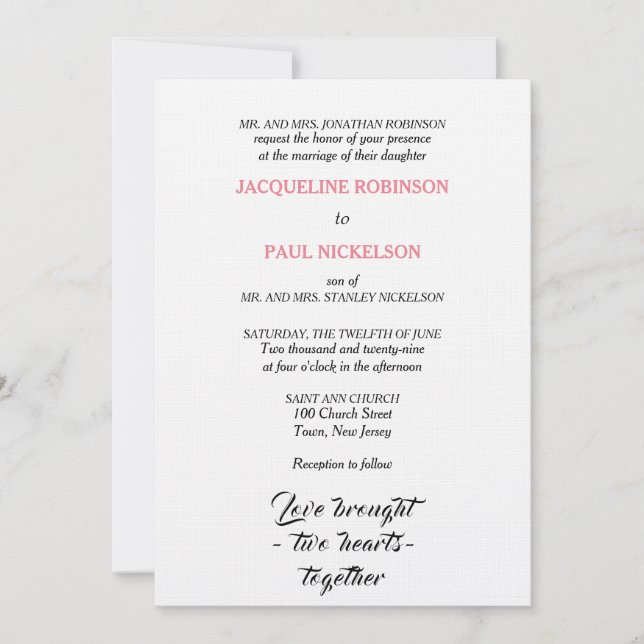 Invitation Mariage élégant rose blanc deux coeurs (Devant)