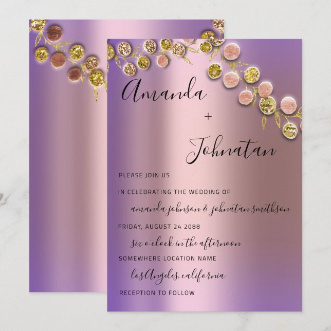 Invitation Mariage Élégant Rose Golden Wreath Bridal Purple (Devant / Derrière)