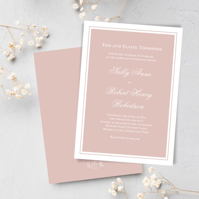 Invitation Mariage Élégant Rose Pâle Écriture Simple  (Blush pink wedding invitations template. )