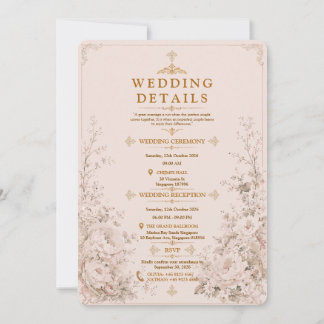 Invitation Mariage Élégant Rose Pâle et Or Floral Vintage