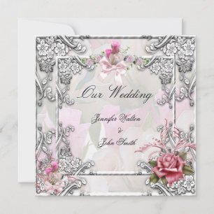Invitation Mariage Élégant Rose Rose Argent Blanc
