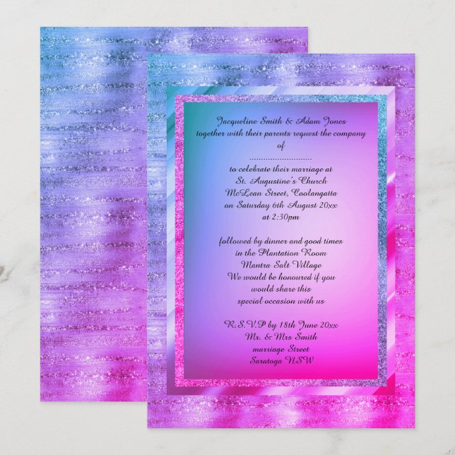 Invitation Mariage élégant, rose vif, violet à motifs multipl (Devant / Derrière)