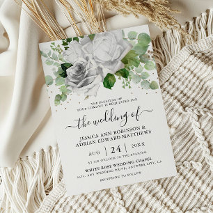 Invitation Mariage Élégant Roses Blanches & Feuillage d'Eucal