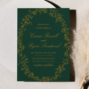 Invitation Mariage Élégant Roses Florales Vert Émeraude Or