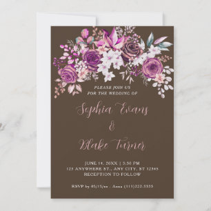 Invitation Mariage Élégant Roses Violettes Floral Cèdre Brun