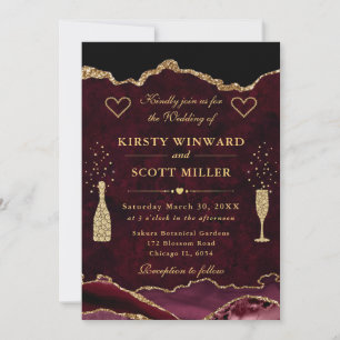 Invitation Mariage Élégant Rouge et Or Paillettes Marbre Agat