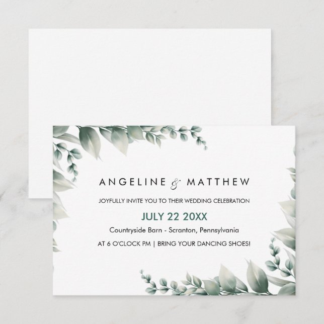 Invitation Mariage Élégant Rustique Feuilles d'Eucalyptus Ver (Devant / Derrière)