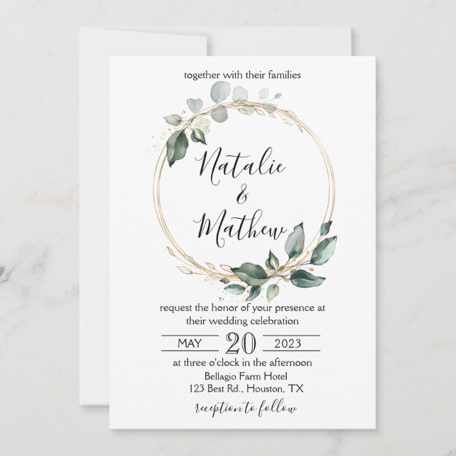 Invitation Mariage Élégant Rustique Feuilles d'Eucalyptus Ver (Devant)