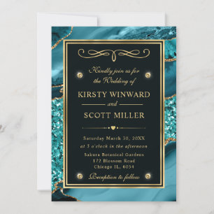 Invitation Mariage élégant sarcelle et or paillettes agate oc