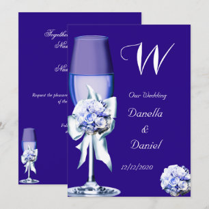 Invitation Mariage élégant Silver Navy Blue Floral Roses